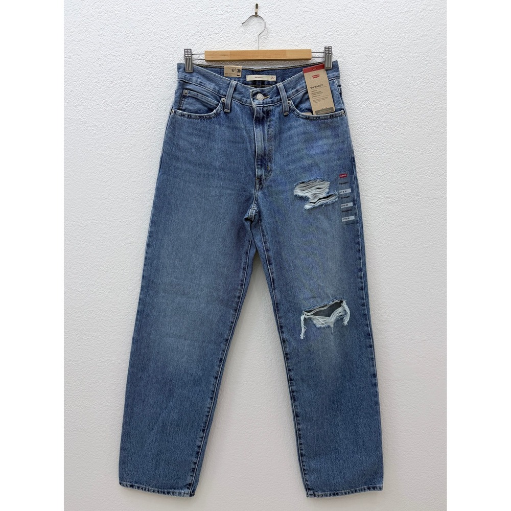 Levis 94 Baggy Jeans Medium Wash Blue Ripped Distressed Mid Rise Womens 27x31